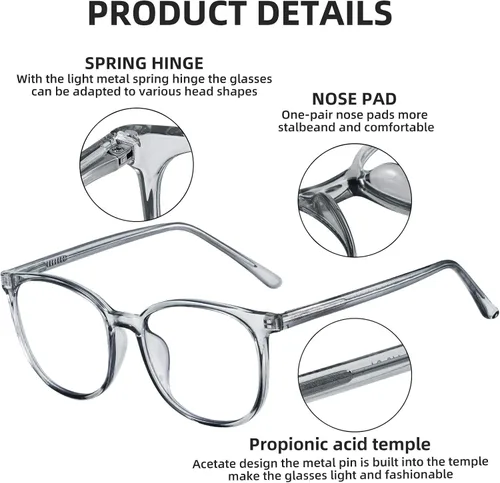 Miniatura 6 de FONHCOO - Lentes con bloqueo de luz azul de moda, redondos, TR90, transparentes, gafas anti UV para computadora para mujeres y hombres Gris