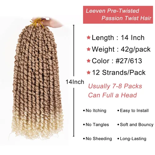 Miniatura 2 de Leeven Cabello rubio degradado de 14 pulgadas, pretrenzado y trenzado de pasión, 8 paquetes de extensiones de cabello sintético bohemio para mujeres