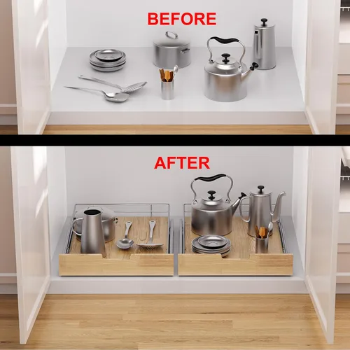 Miniatura 6 de Sikarou Organizador de gabinete extraíble, estante deslizante resistente, cesta de madera y alambre, cajón extraíble para cocina debajo