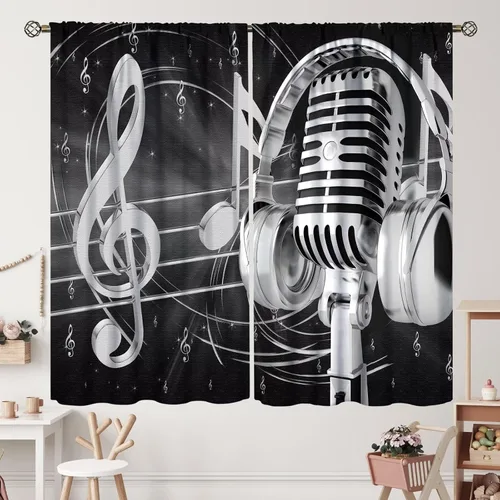 Miniatura 51 de Cortinas de notas musicales, rústicas, mágicas, notas musicales, arte retro, piano y violín, cortina con bolsillo para barra para dormitorio, sala