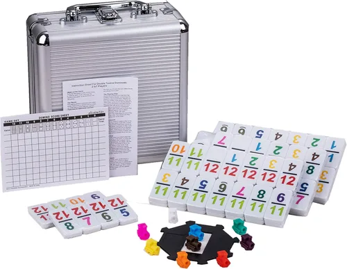 Doublefan Dominó de tren mexicano con números de color, juego de dominó numérico doble de 12, juego de dominó de pie de pollo con funda de aluminio,