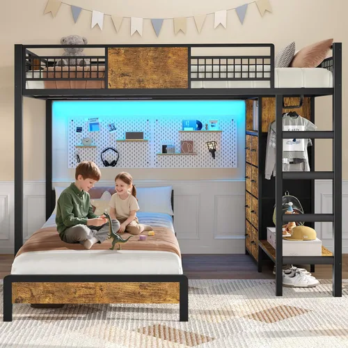 Miniatura 3 de ADORNEVE Litera Full sobre Twin con 8 cajones de almacenamiento, cama alta de metal con luces LED y estantes de almacenamiento, literas Twin sobre