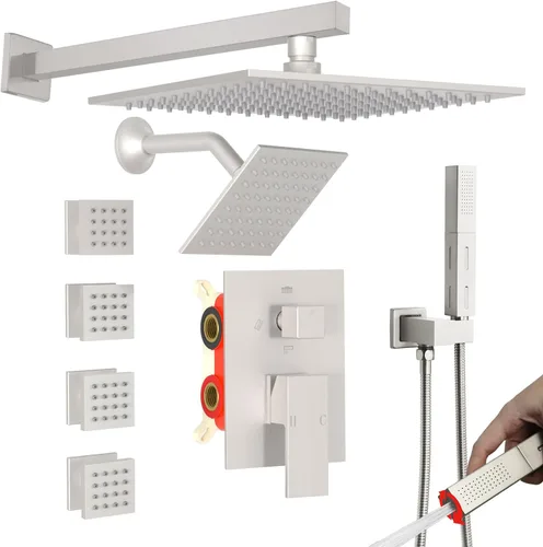 Miniatura 24 de Enga Sistema de ducha con chorros corporales de 12 pulgadas, ducha de lluvia montada en la pared y pulverizadores de mano de latón de cuerpo