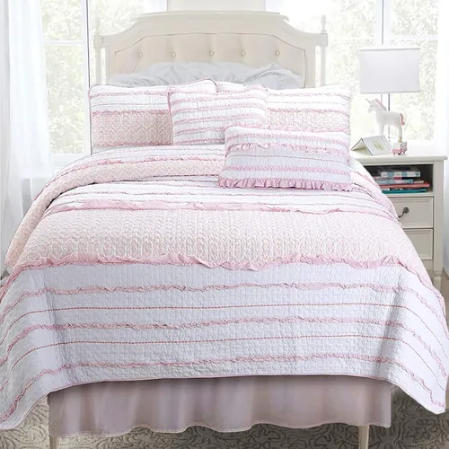 Miniatura 14 de Juego de ropa de cama de algodón de 6 piezas con estampado de corazones, mariposas y lunares, a rayas, rosa, morado, blanco, de algodón, con 3