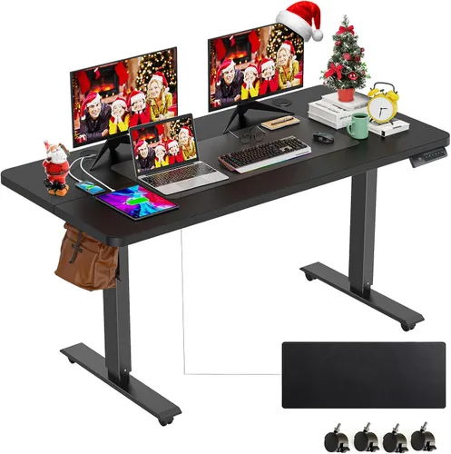 farexon Escritorio eléctrico de pie de altura ajustable, escritorio de pie de 55 x 24 pulgadas con alfombrilla grande para el mouse, ruedas Negro