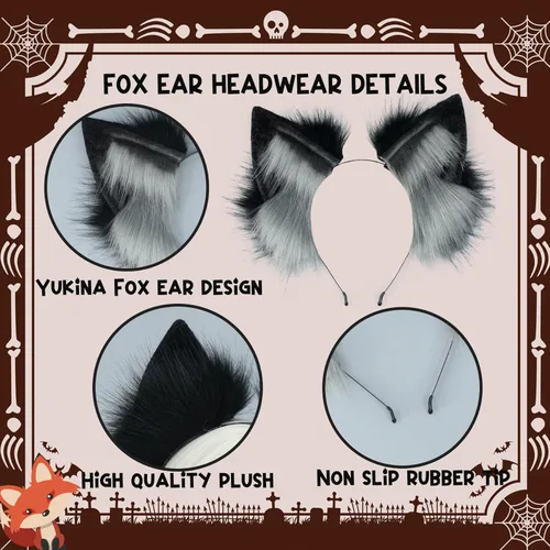 Miniatura 3 de Kidukso Fox Ears Headwear Simulación Animal Fur Fox Ears Tocado Vestir Cosplay Fiesta Anime Comic Con Prop Headwear Negro y gris