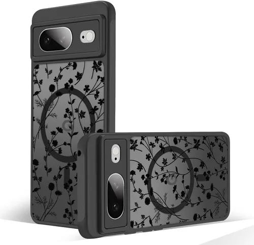 Miniatura 10 de Funda magnética para Google Pixel 10A [Compatible con MagSafe] Funda con patrón floral de flores negras para mujeres y niñas, con borde de TPU Rama