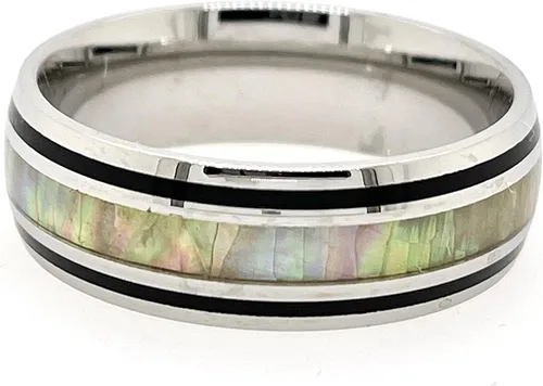 Miniatura 2 de Anillo de ópalo de fuego blanco y esmalte negro plata de acero inoxidable 0315in banda hombres y mujeres tamaño 5 - 14