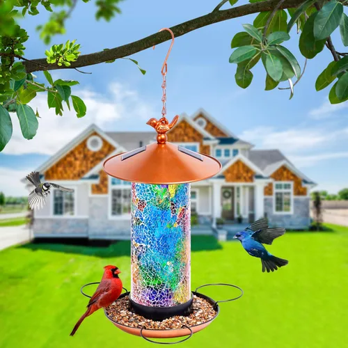 Miniatura 6 de XDW-GIFTS Comedero solar de mosaico, forma de linterna impermeable con gancho y 4 luces LED, decoración de jardín para césped, patio, balcón, adorno