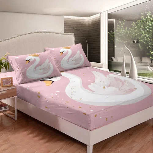 Miniatura 2 de Erosebridal Juego de sábanas de dibujos animados Sweet Princess Swan, sábana bajera ajustable tamaño individual para niños y adolescentes, sábana