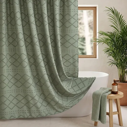 Siiluminisoy Cortina de ducha de estilo bohemio de color verde salvia, cortina de ducha de tela, 72 x 72 con textura chevrón acolchada, a rayas,