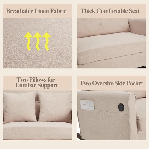 Miniatura 3 de HOMREST Mecedora tapizada para guardería con respaldo alto y bolsillo lateral, puerto USB, sillas mecedoras dobles anchas con patas de madera