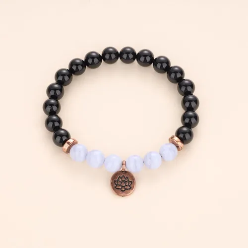 Miniatura 6 de COAI Pulsera de piedra turmalina negra con encanto de loto para mujer