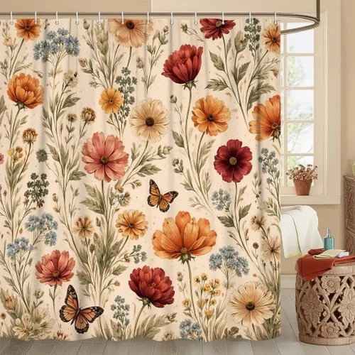 DYNH Cortina de ducha floral bohemia, cortina de baño vintage con flores y mariposas en acuarela, cortina de ducha rústica botánica, 36 x 70 pulgadas