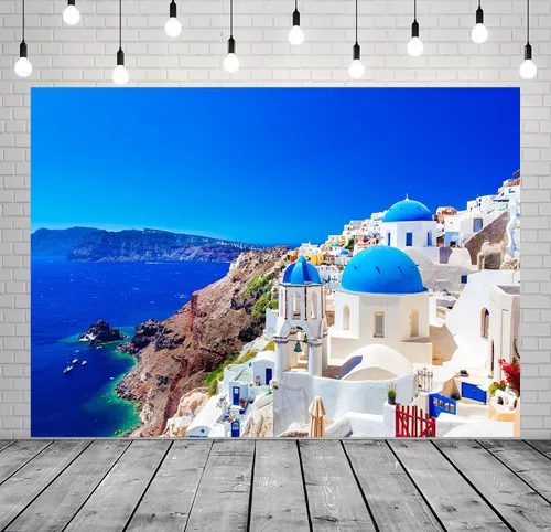 Miniatura 4 de Telón de fondo de tela para fotos de Grecia, Isla Santorini, Oia, Village, fondo de fotografía de Grecia para decoraciones de fiesta temática
