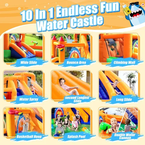 Miniatura 3 de Casa inflable de rebote, tobogán acuático triple para niños con doble cañón, pared de escalada, salto, piscina de chapoteo, aro de baloncesto