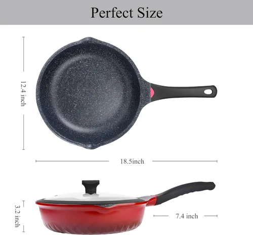 Miniatura 6 de Vinchef Sartén antiadherente con tapa, sartén de aluminio de 11 pulgadas/5 cuartos de galón con tapa e indicador de calor, sartén profunda