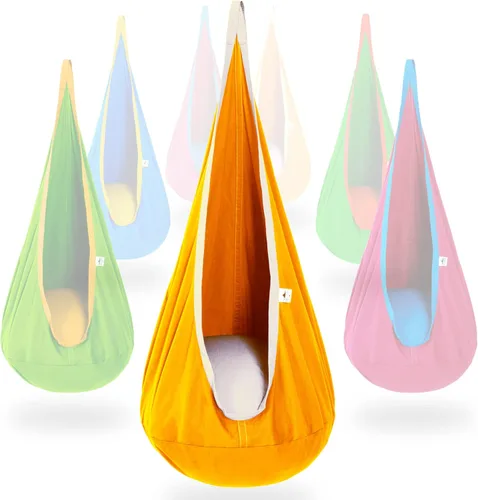 OUTREE Asiento de columpio para niños, hamaca de algodón para niños, columpio sensorial para uso en interiores y exteriores, amarillo y blanco