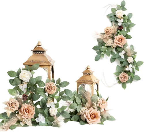Miniatura 8 de Ling's moment Paquete de 6 guirnaldas de flores artificiales de 2 pies, farol negro y burdeos, centros de mesa de flores, decoración de pasillo