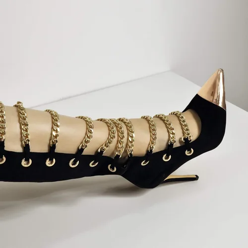 Miniatura 4 de onlymaker Botas de tacón alto con cremallera y cadenas de metal puntiagudas para mujer