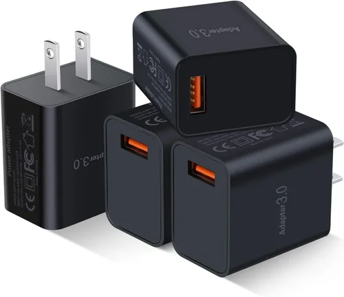 Cargador de pared USB 3.0 de carga rápida [paquete de 4] Bloque de carga rápida de 5 V 3 A, adaptador de corriente QC de 18 W para soporte de Negro