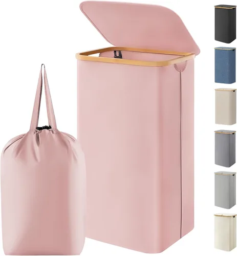 Miniatura 27 de Lifewit Cesta de ropa de 120L con tapa, cestas de ropa para lavandería con asas de bambú y una bolsa de lavandería extraíble, cesta plegable grande