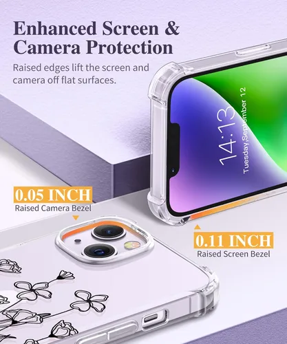 Miniatura 5 de GVIEWIN - Funda para iPhone 14 Floral, con protector de pantalla + protector de lente de cámara, [sin amarillamiento] funda protectora transparente