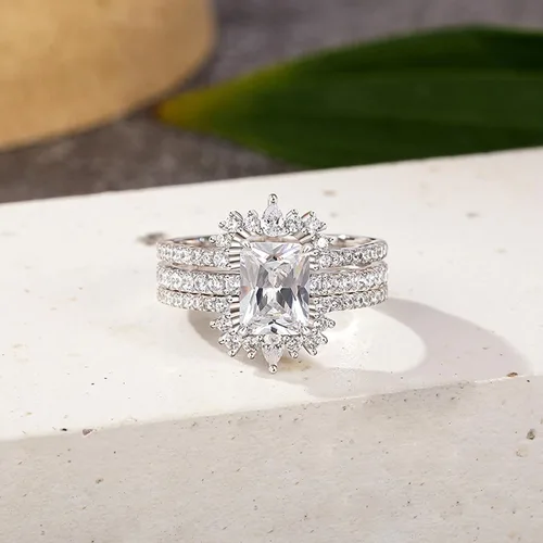 Miniatura 6 de Jeulia Juego de 2 anillos de compromiso vintage de plata de ley con halo irregular radiante para mujer, con caja de regalo