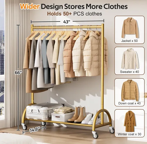 Miniatura 4 de MISSLO Perchero resistente con ruedas y estantes para colgar ropa con 3 estantes