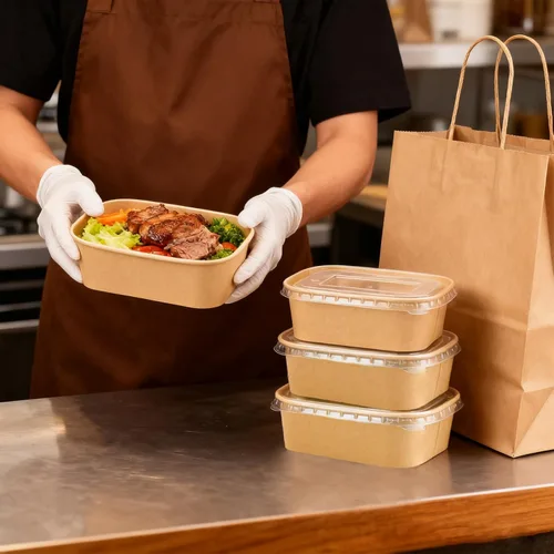 Miniatura 5 de Paquete de 50 cuencos de papel kraft desechables de 25 onzas con tapas, recipientes rectangulares de papel para alimentos, recipientes