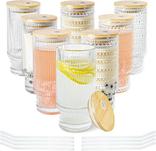 Miniatura 9 de Juego de taza de café de vidrio de 16 onzas con tapas y pajita Vintage Begonia, Dishwasher Safe, Natural Bamboo Lid, Car Hold Friendly, Non-slip