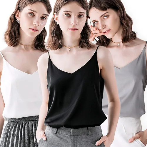 IIG Camiseta clásica de satén de seda para mujer, blusa sexy con cuello en V, camiseta sin mangas para mujer, chaleco con tirantes delgados, talla
