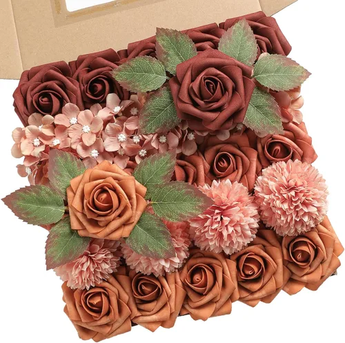YYHUAWU Flores Artificiales Juego de Caja Combo Color Degradado Flores y Hojas con Tallos para DIY Ramos de Boda Centros de Mesa Baby Shower Fiesta