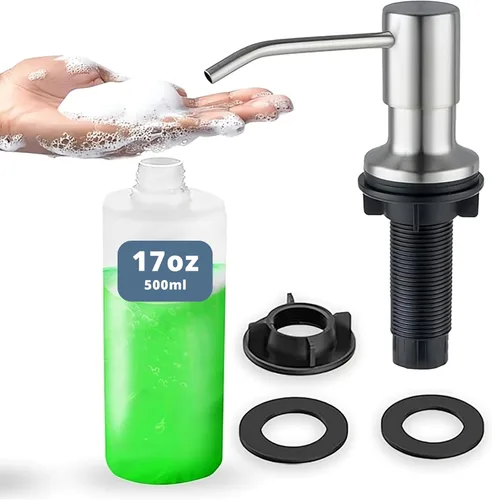 SBEN Juego de dispensador de jabón de cocina empotrado (botella recargable grande de 17 oz incluida) - Dispensador de jabón de acero inoxidable,