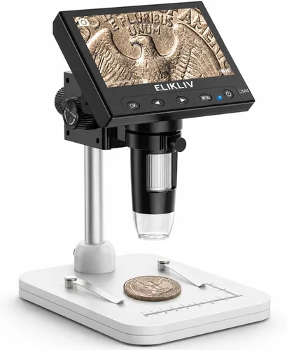 Elikliv Microscopio, microscopio digital LCD para monedas 1000x, lupa de monedas con 8 luces LED ajustables, vista de PC compatible con Blanco