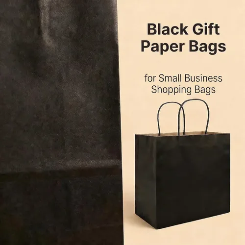 Miniatura 7 de PAICUIKE 50 bolsas de papel kraft negras con asas, bolsas de regalo cuadradas de 11 x 6 x 11 pulgadas para venta al por menor, compras, recuerdos