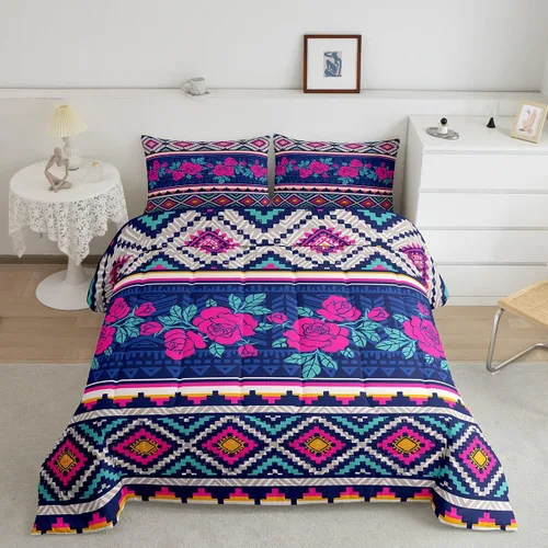 Miniatura 14 de Erosebridal Juego de edredón exótico tamaño individual, ropa de cama tribal, estadounidense, suroeste, étnico, bohemio, abstracto, geométrico, juego