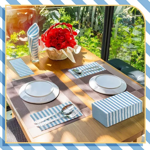 Miniatura 3 de Geyoga 200 servilletas de papel a rayas azules y blancas clásicas de papel a rayas horizontales desechables para baño, invitados, cena, servilletas