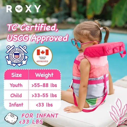 Miniatura 2 de ROXY Chaleco salvavidas aprobado por la USCG para jóvenes, niños/bebés, peso ligero tipo III PFD, chaleco salvavidas de espuma EPE con hebillas