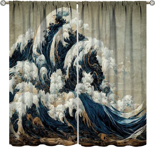 Cortinas vintage de olas marinas, enorme estilo de tema de olas de mar japonesas azules, cortinas opacas para dormitorio, sala de estar, 2 juegos de