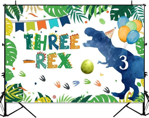 Miniatura 2 de Sensfun Telón de fondo de cumpleaños de dinosaurio Three-rex para niño, feliz tercer cumpleaños, fotografía, fondo vegetal, selva, suministros