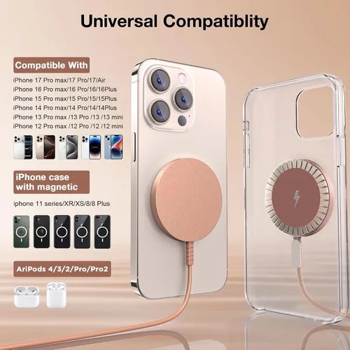 Miniatura 2 de Cargador inalámbrico magnético para iPhone: Compatible con cargador Magsafe iPhone 17 16 15 14 13 12 Serie y Airpods 4 3 2 Pro - Carga rápida de 15
