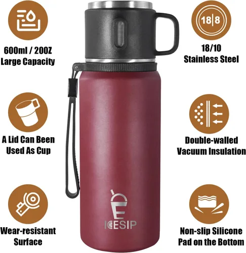 Miniatura 3 de Botella aislada de acero inoxidable, 27 onzas con taza, botella de agua aislada al vacío, termo para bebidas calientes/bebidas frías, viaje con Rojo