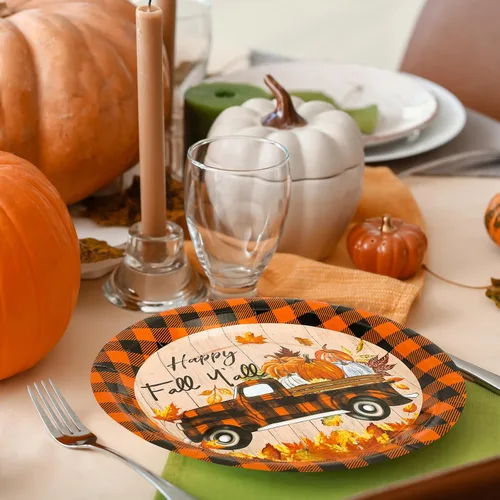Miniatura 5 de Whaline 40 platos de papel de otoño de 9 pulgadas, platos de papel desechables a cuadros de búfalo naranja y negro, platos de papel desechables