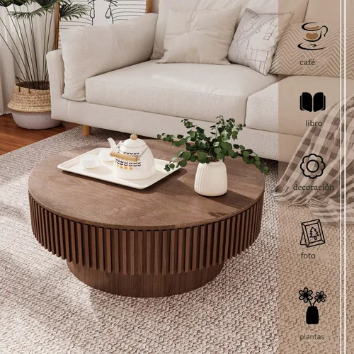 Miniatura 5 de Mesa de centro redonda con almacenamiento, moderna mesa de centro de madera con chapeado de madera maciza, mesa central circular mesa de té de 31.5