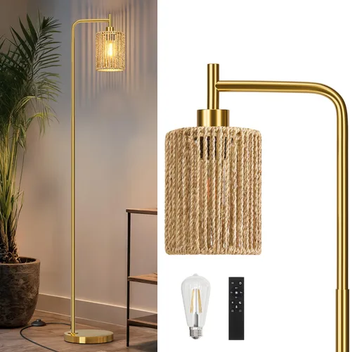 Miniatura 12 de Oneach Lámpara de pie dorada de 66 pulgadas para sala de estar, lámpara de pie bohemia con bombilla LED, interruptor de pie, pantalla de ratán, Oro