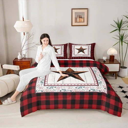 Miniatura 25 de Juego de edredón de Feliz Navidad para niños, tamaño twin, juego de ropa de cama de camión rojo árboles de pino copos de nieve, decoración