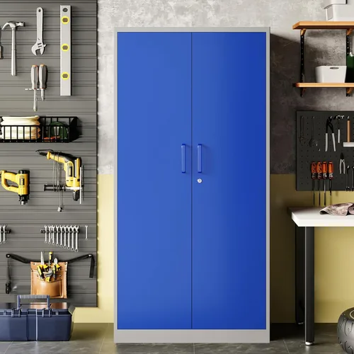 Miniatura 6 de Armario de almacenamiento de metal para garaje, gabinete de almacenamiento con bloqueo de 71 pulgadas con 2 puertas y 4 estantes ajustables, Gris