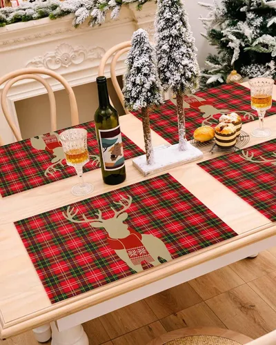 Miniatura 6 de Juego de 4 manteles individuales de reno de Navidad para mesa de comedor, alce de Navidad con bufanda, a cuadros de búfalo rojo, verde, duradero