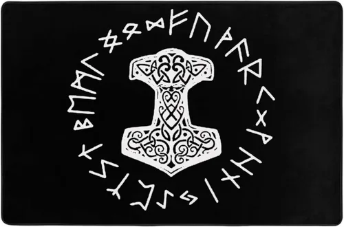 Miniatura 3 de Vikings Mjolnir and Rune Wheel - Alfombra de área con símbolo de mitología nórdica, sala de estar, dormitorio, cocina, sofá, mesita de noche, 36 x